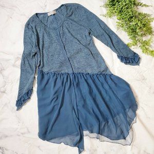 Pretty Angel Blue Linen Blend Sheer Hem Tunic Top